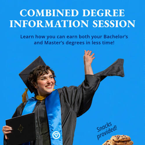 Combined Degree information Session Header - bright blue background with graduate and cookies in foreground.